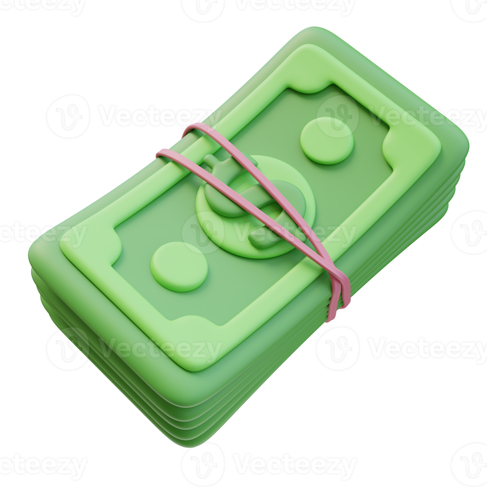3D Icon Green Money Banknote Stack Bundle Tied With Rubber Band Dollar Sign. Money Finance Concept. 3D Illustration Design for Website or Mobile App png