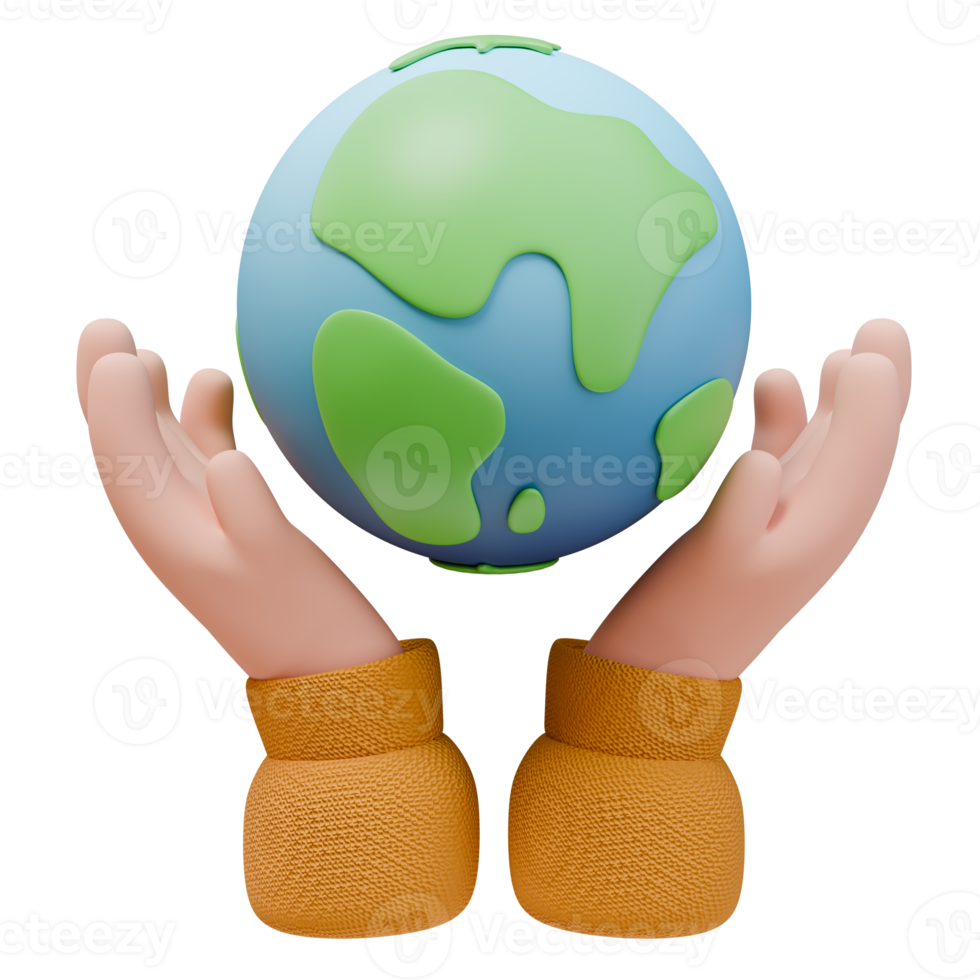 3D Render Icon Hands Holding Earth Planet with Continents. Ecology Nature Protection Environment Concept. 3D Illustration Design Web Mobile App png