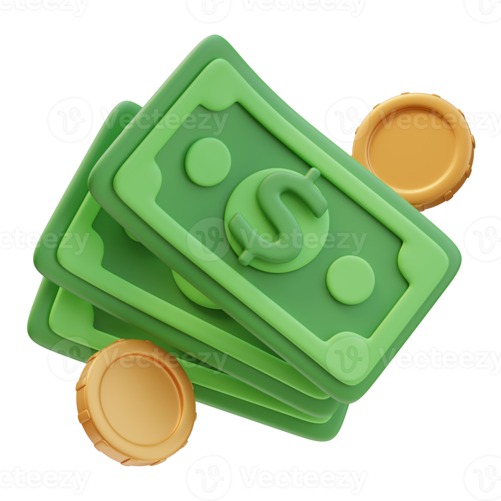3D Icon Flying Green Money Banknotes and Golden Coins Dollar Sign. Money Finance Concept. 3D Illustration Design for Website or Mobile App png