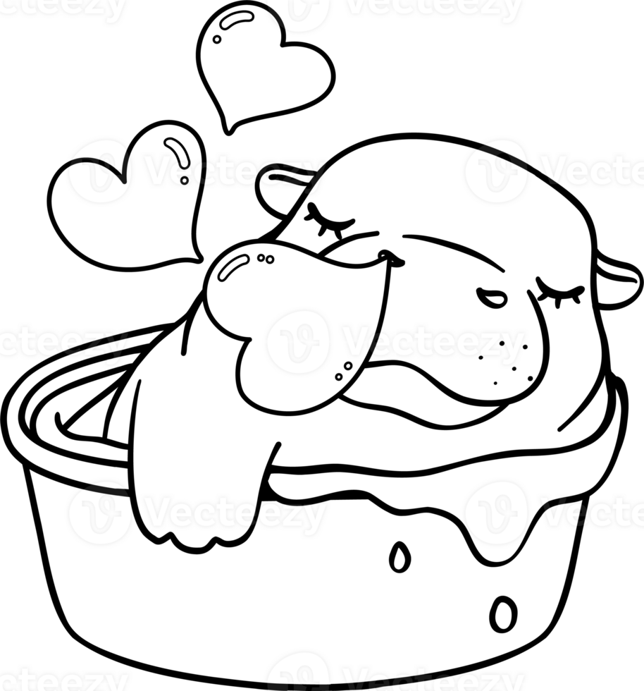 Baby Pygmy bouncy hippo sleeping in basin doodle outline coloring image png