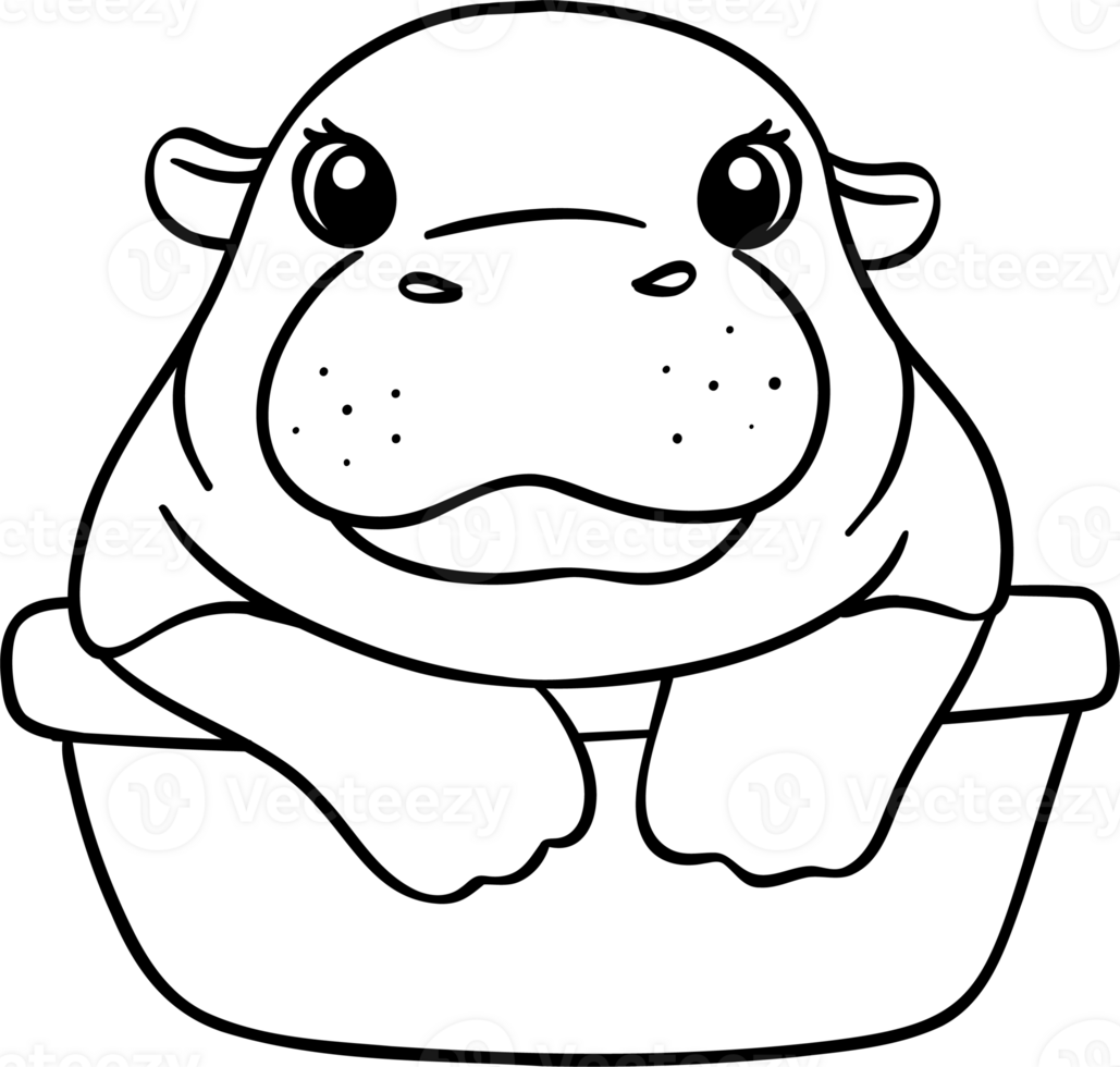 Cute Pygmy bouncy hippo in basin doodle outline coloring image png