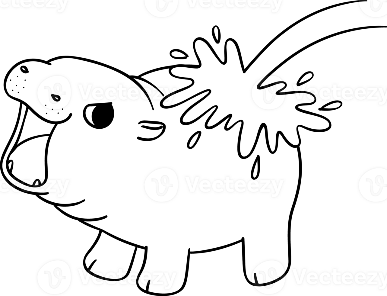 Baby Grumpy Pygmy bouncy hippo with splash water doodle outline coloring image png
