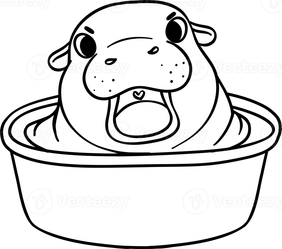 Grumpy Pygmy bouncy hippo in basin doodle outline coloring image png