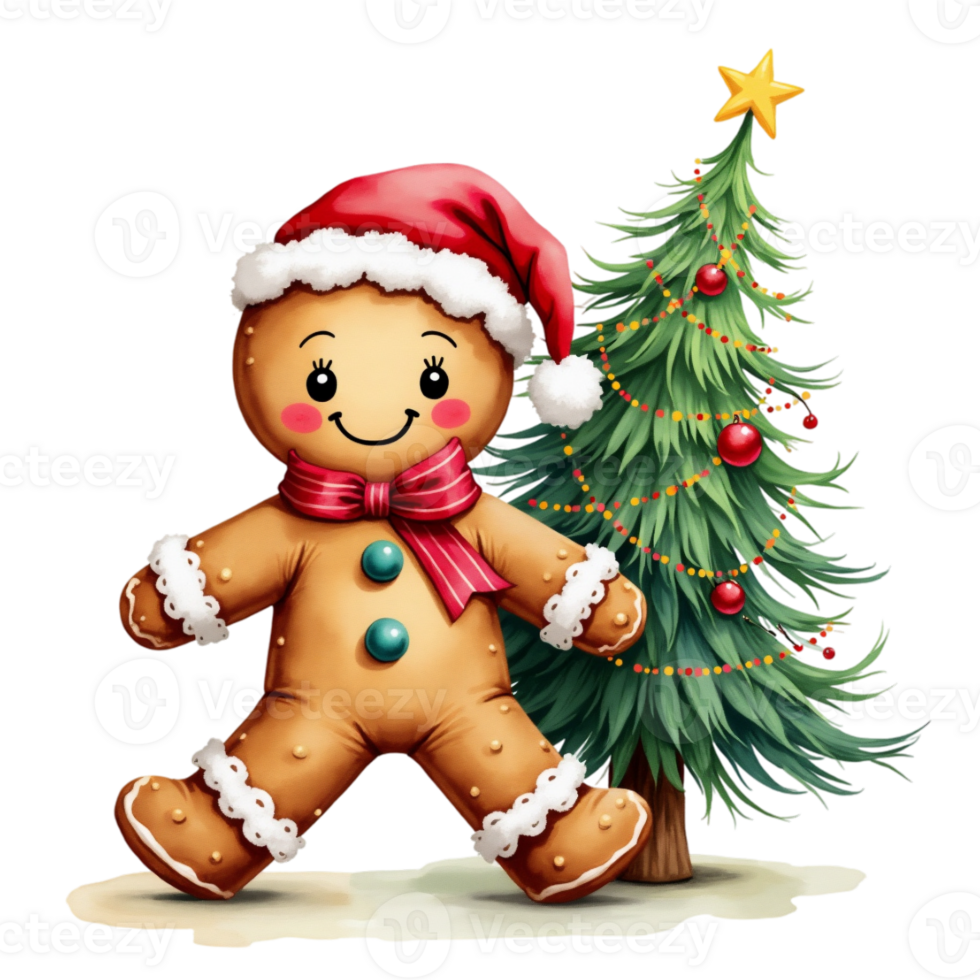 smile gingerbread person wearing a Santa hat stands next to a decorated Christmas tree cutouts png