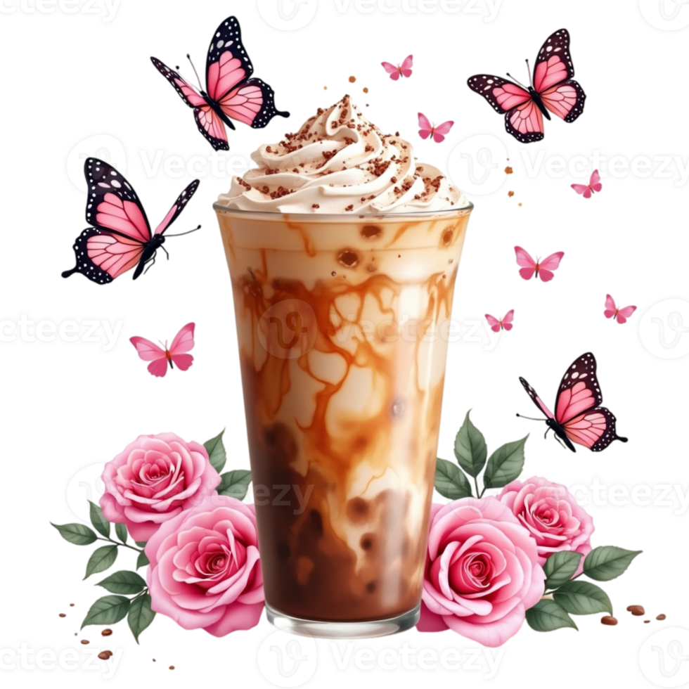 a iced coffee is adorned with whipped cream and surrounded by pink roses and fluttering butterflies. cutouts png
