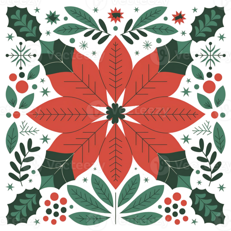 red poinsettia is centered , surrounded by an intricate pattern of green leaves cutouts png
