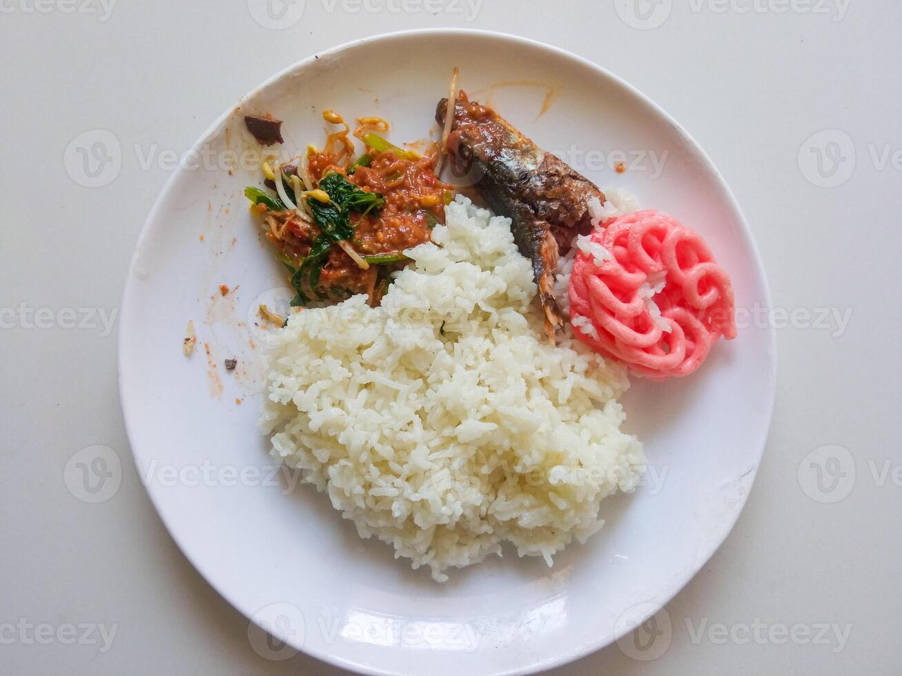 a plate of rice with pecel side dishes and fried tuna and isolate sambal on white photo