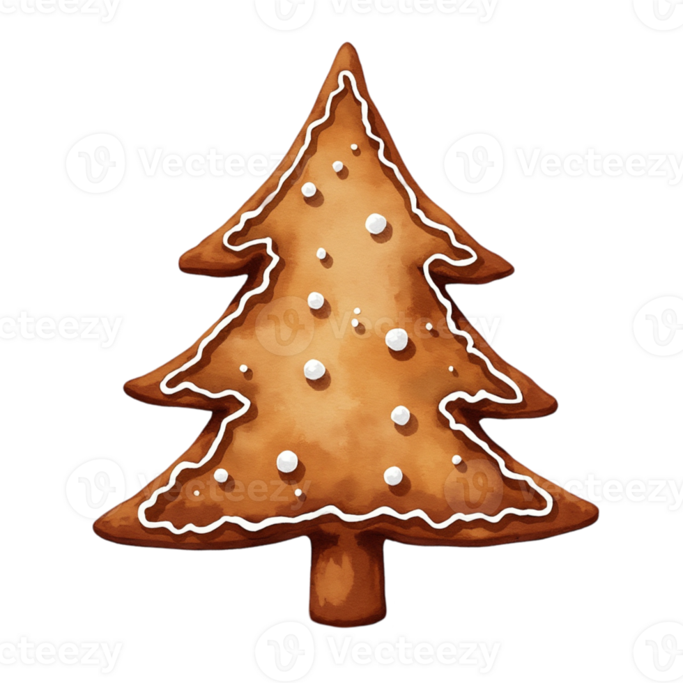 A gingerbread tree is decorated with white icing cutouts png