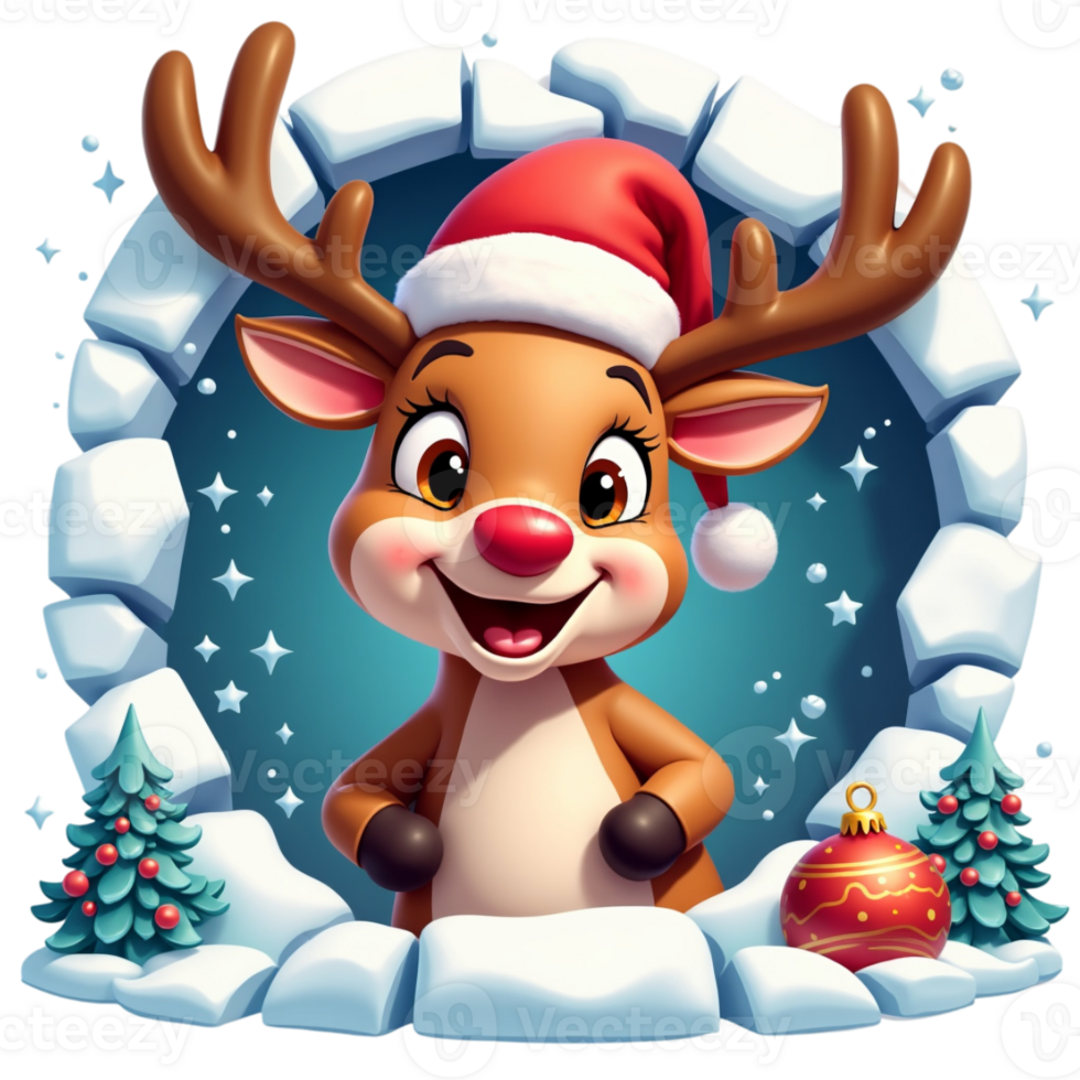 A smile cartoon reindeer wearing a Santa hat stands in a snowy, festive scene cutouts png