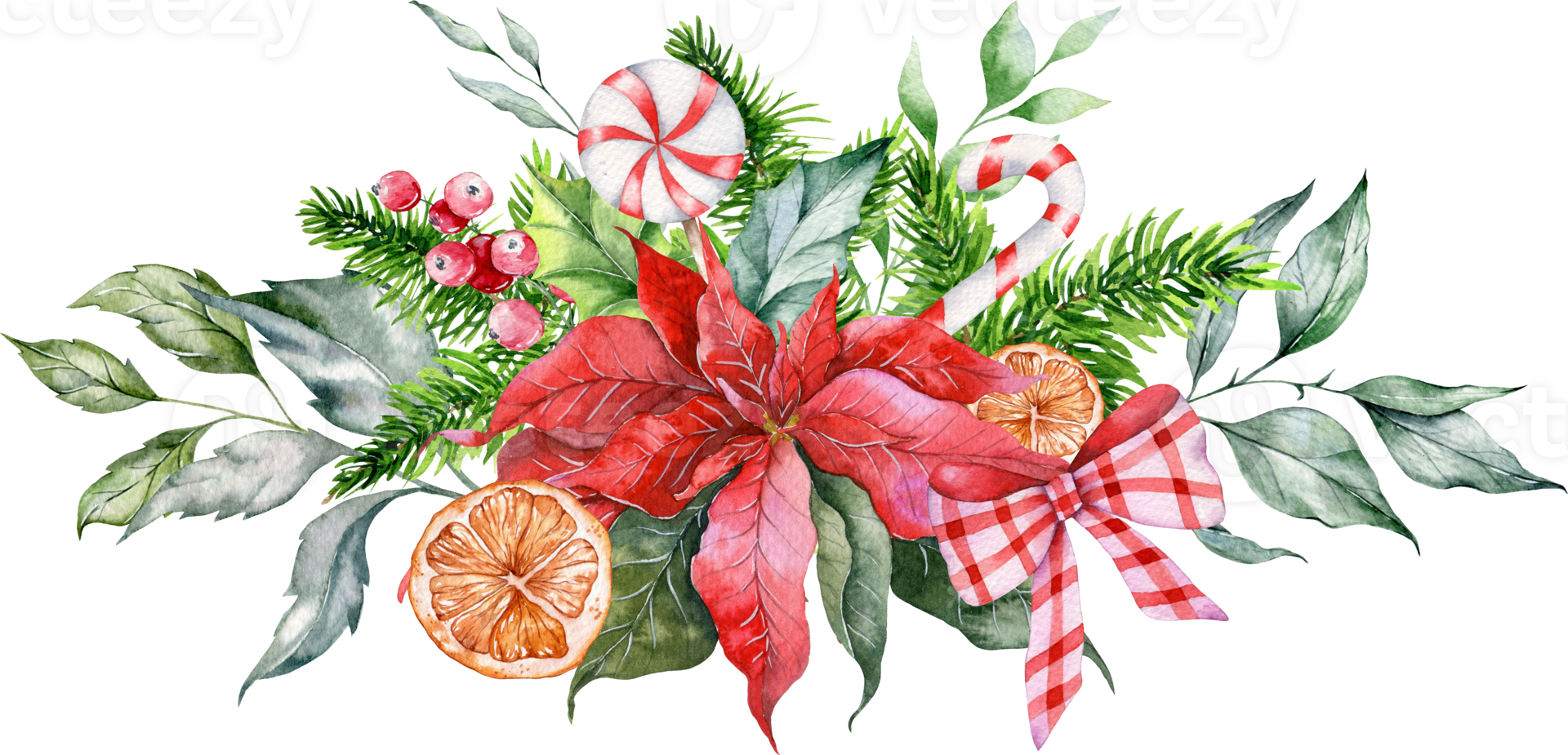 Christmas Flower Bouquet Hand Painted Watercolor Illustration. Winter Greenery. Poinsettia Watercolor Bouquet with Greenery, Berries and Sweets png