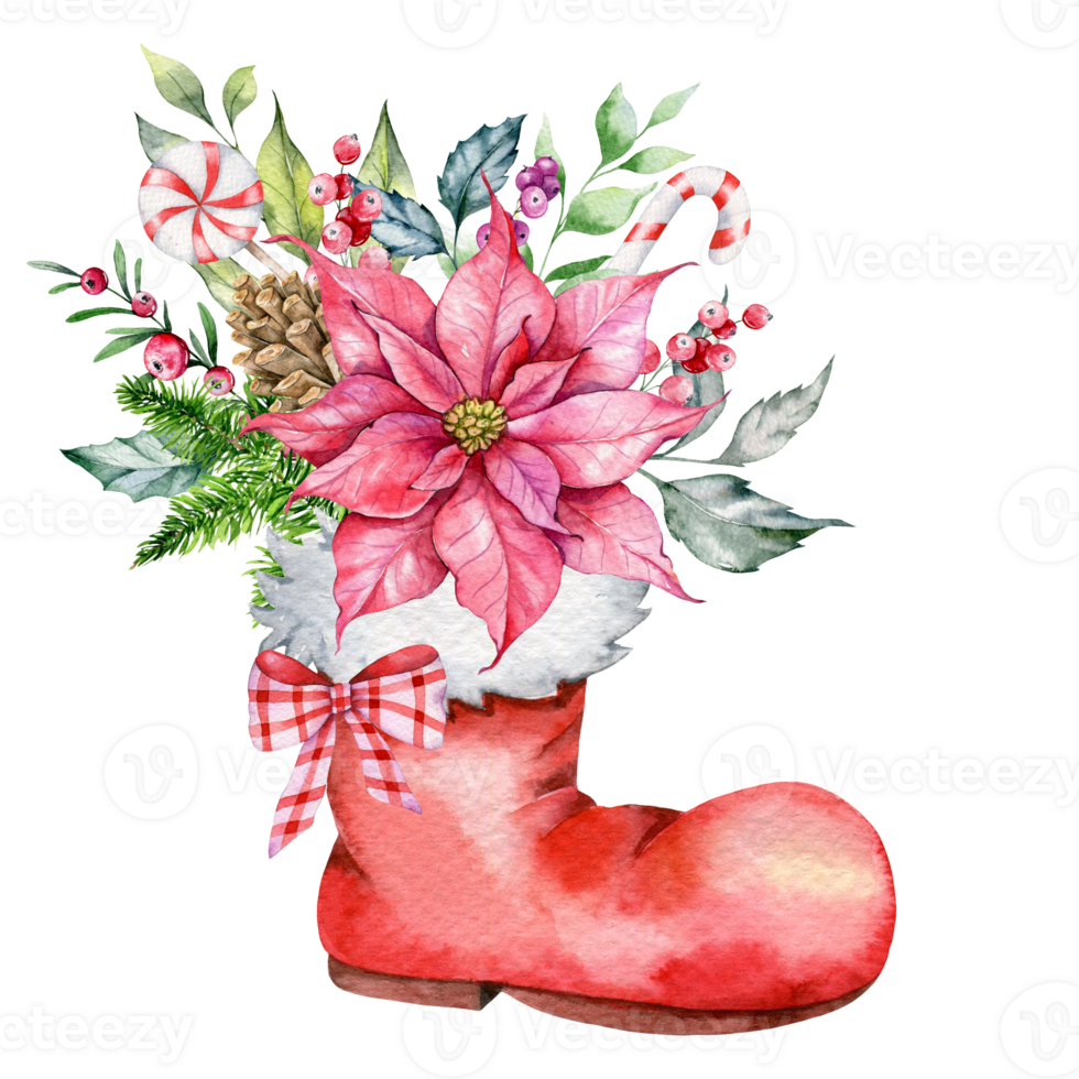 Santas Boots. Christmas Flower Bouquet Hand Painted Watercolor Illustration. Winter Greenery. Poinsettia Watercolor Bouquet png