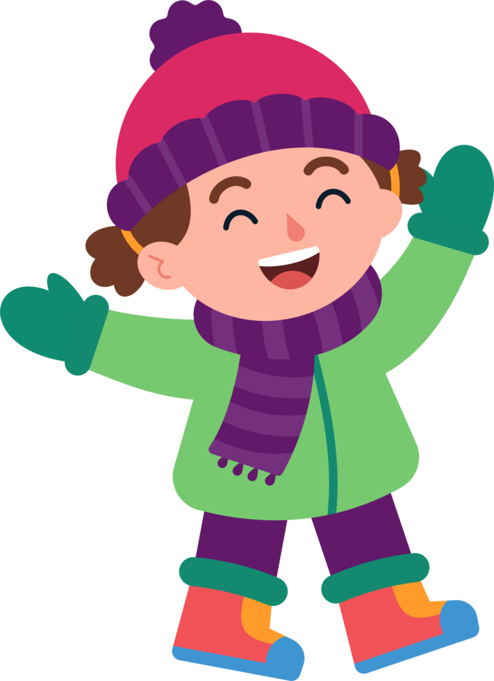 A young girl wearing a green jacket and purple scarf is smiling and waving png