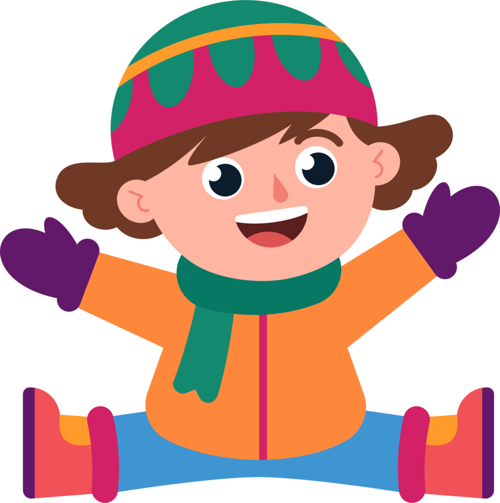 A cartoon boy is wearing a green and purple hat and a scarf png