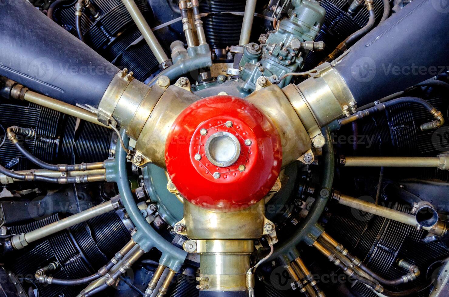 detail of old airplane engine with propeller photo