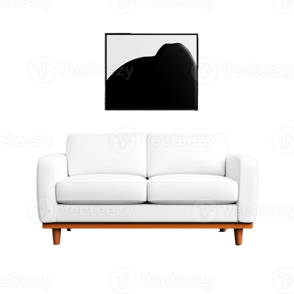 Modern white sofa with abstract art on transparent background png