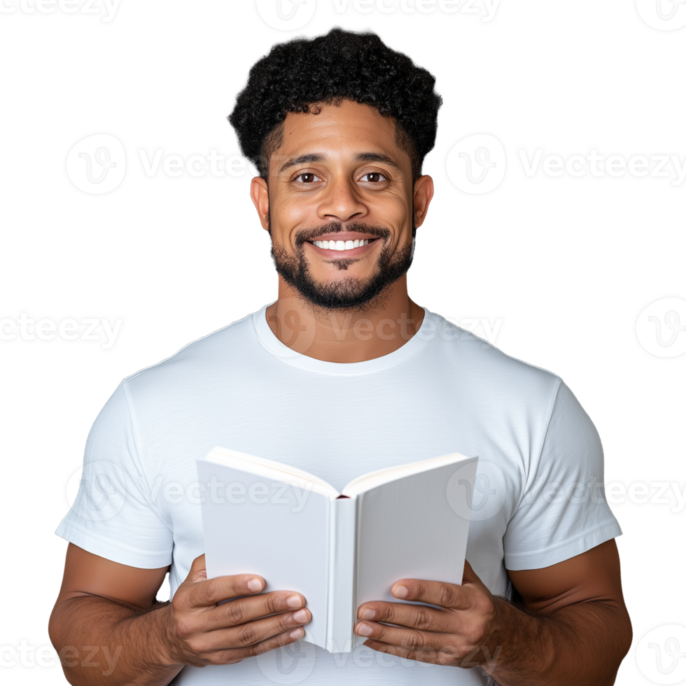 Smiling man reading a book with a transparent background png