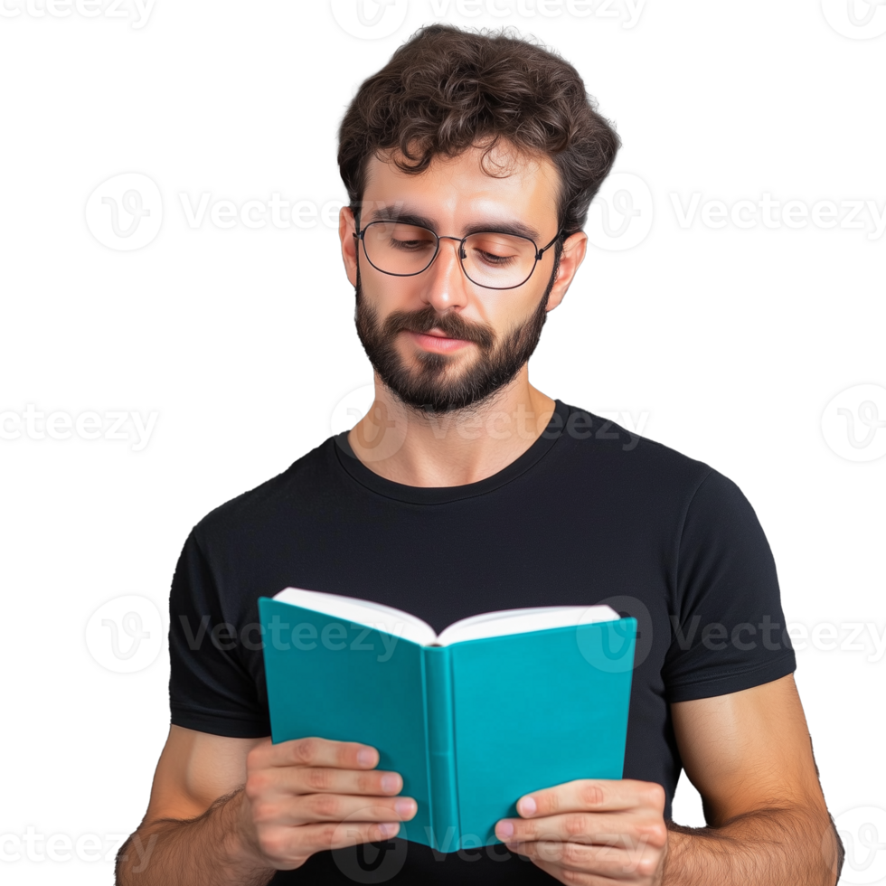 Young man reading a turquoise book on a transparent background png