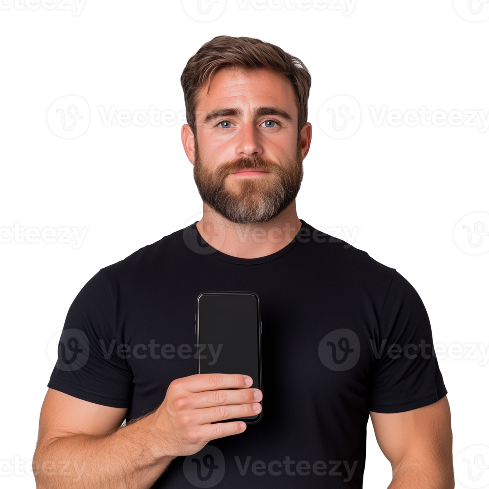 Confident man holding smartphone on transparent background png