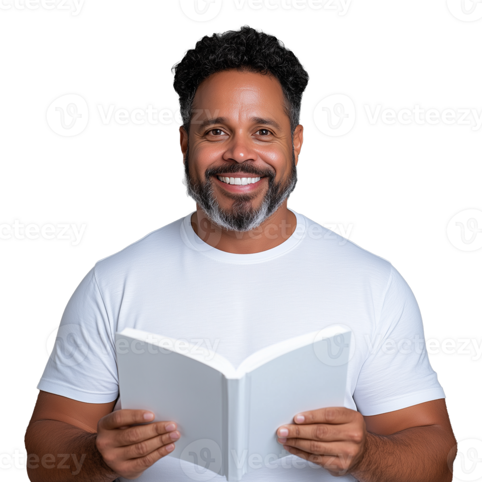 Smiling man reading a book on transparent background png