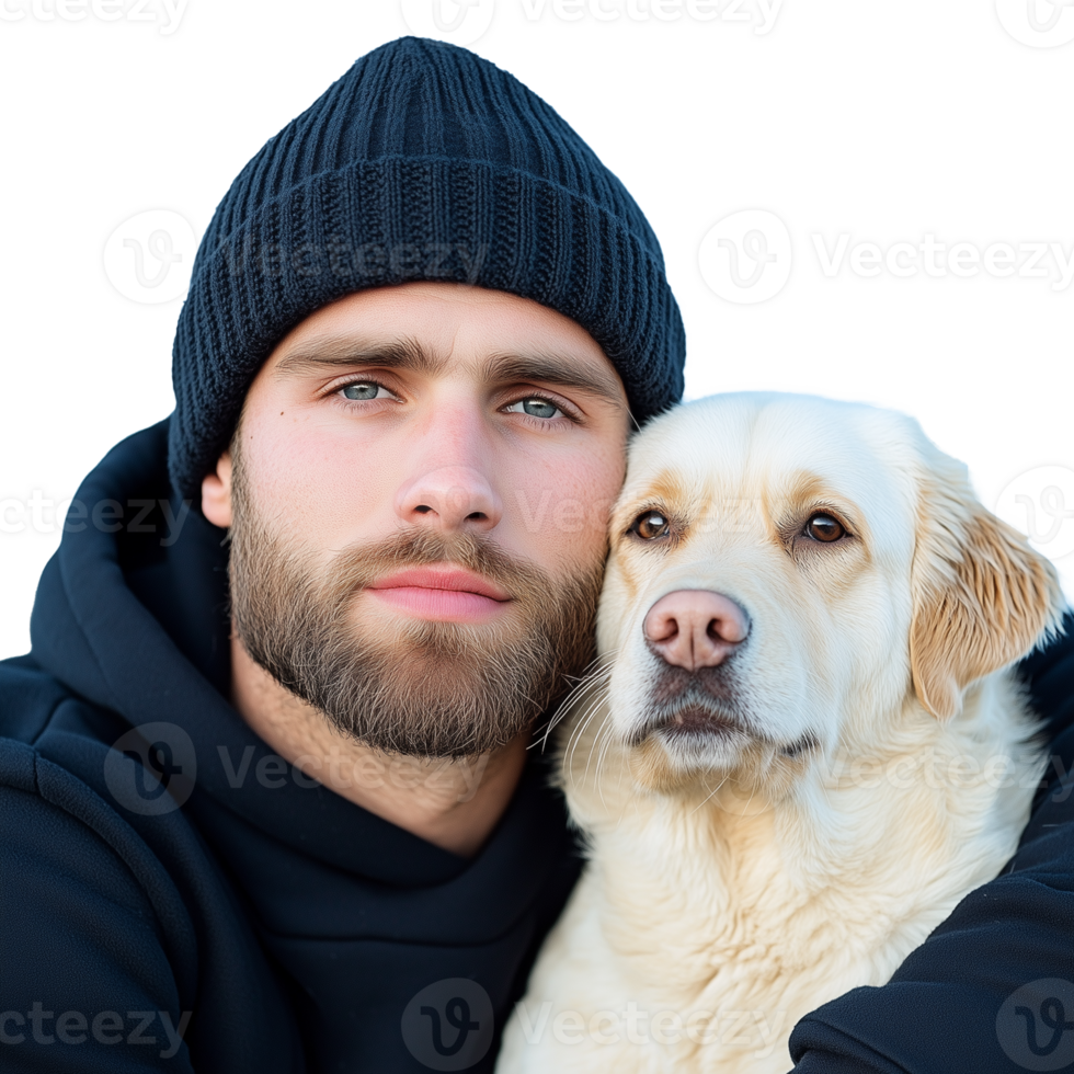 Man with beanie holding golden retriever on transparent background png