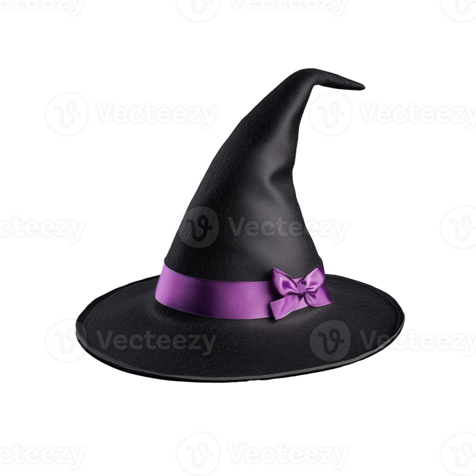Classic witch hat with purple ribbon and bow on transparent background png