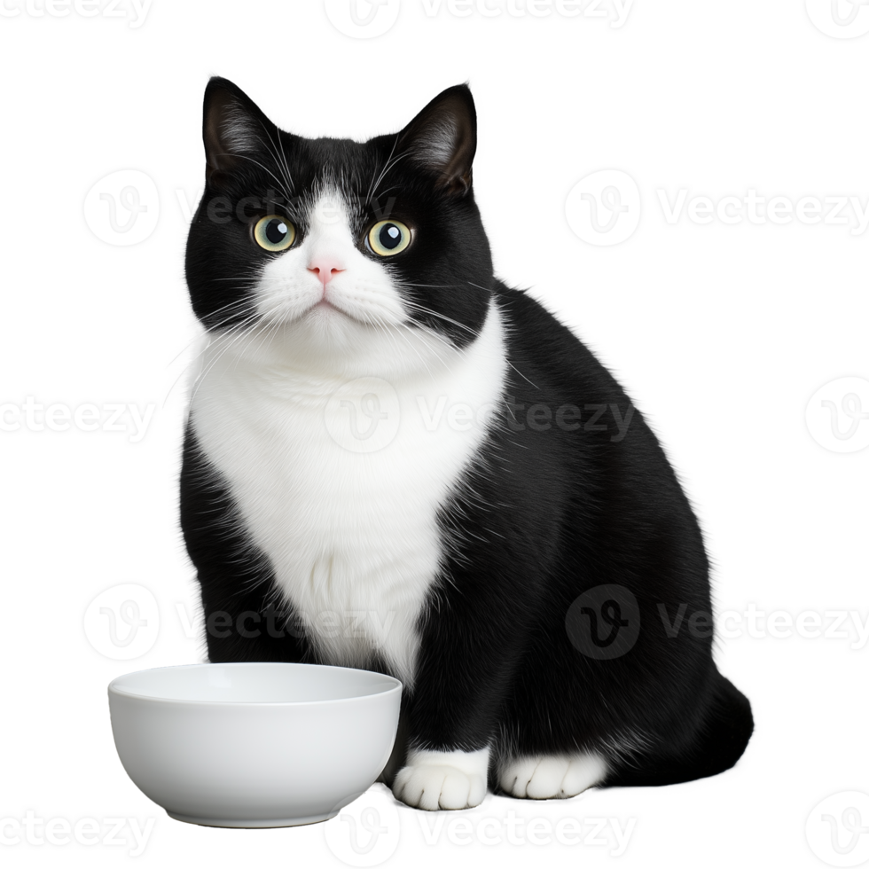 Adorable black and white cat with a bowl on a transparent background png