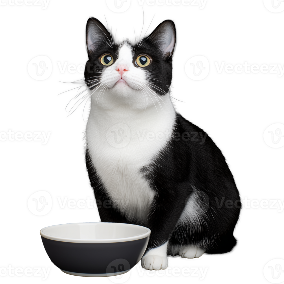 Adorable black and white cat with food bowl on transparent background png