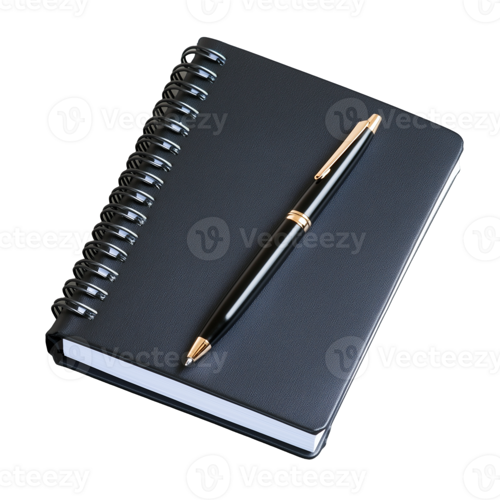 Black spiral notebook with pen on transparent background png