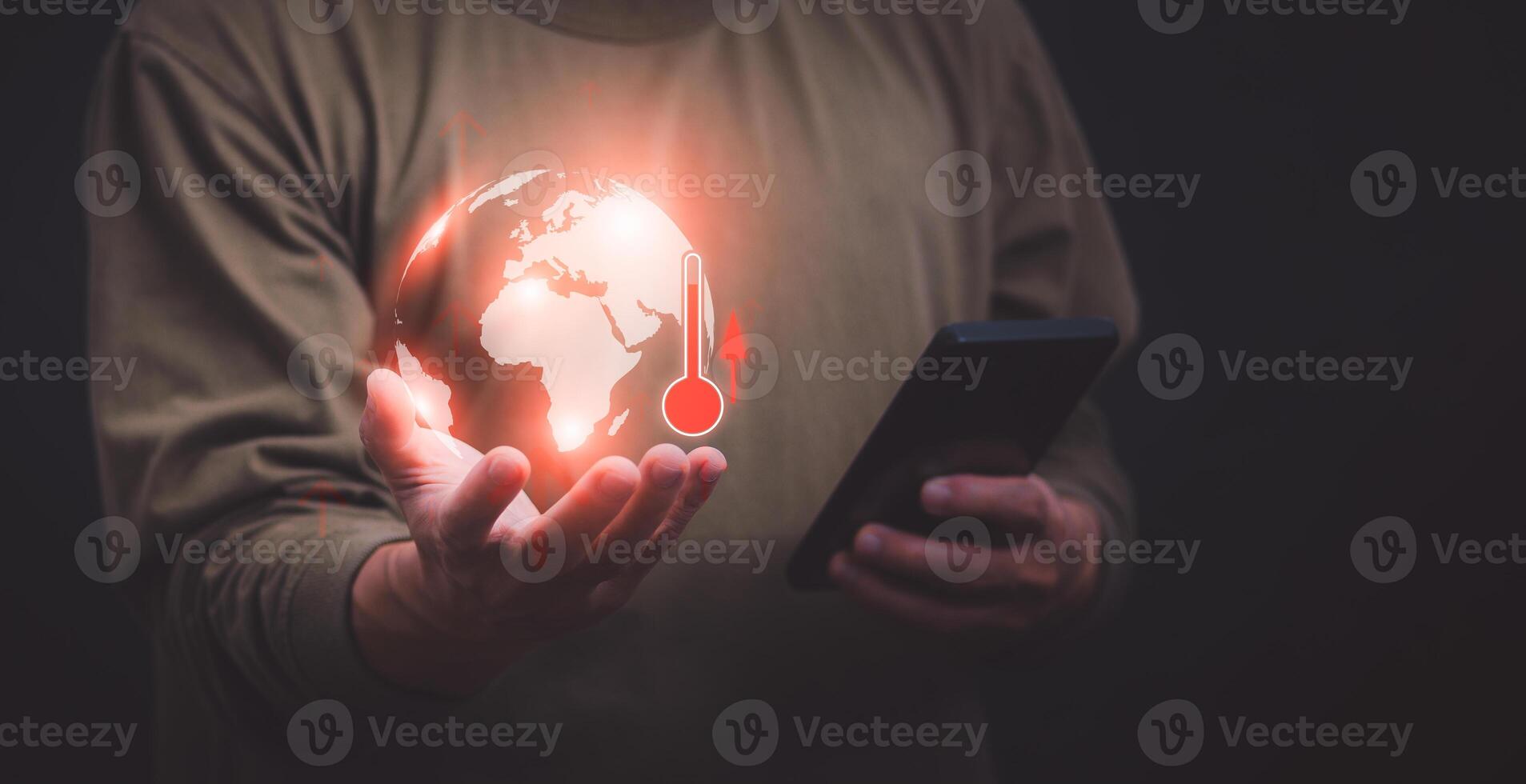 Ideas for reducing carbon emissions that cause global climate change Businessman shows rising global temperature causing the earth to melt. To be aware of the dangers of increased temperatures photo