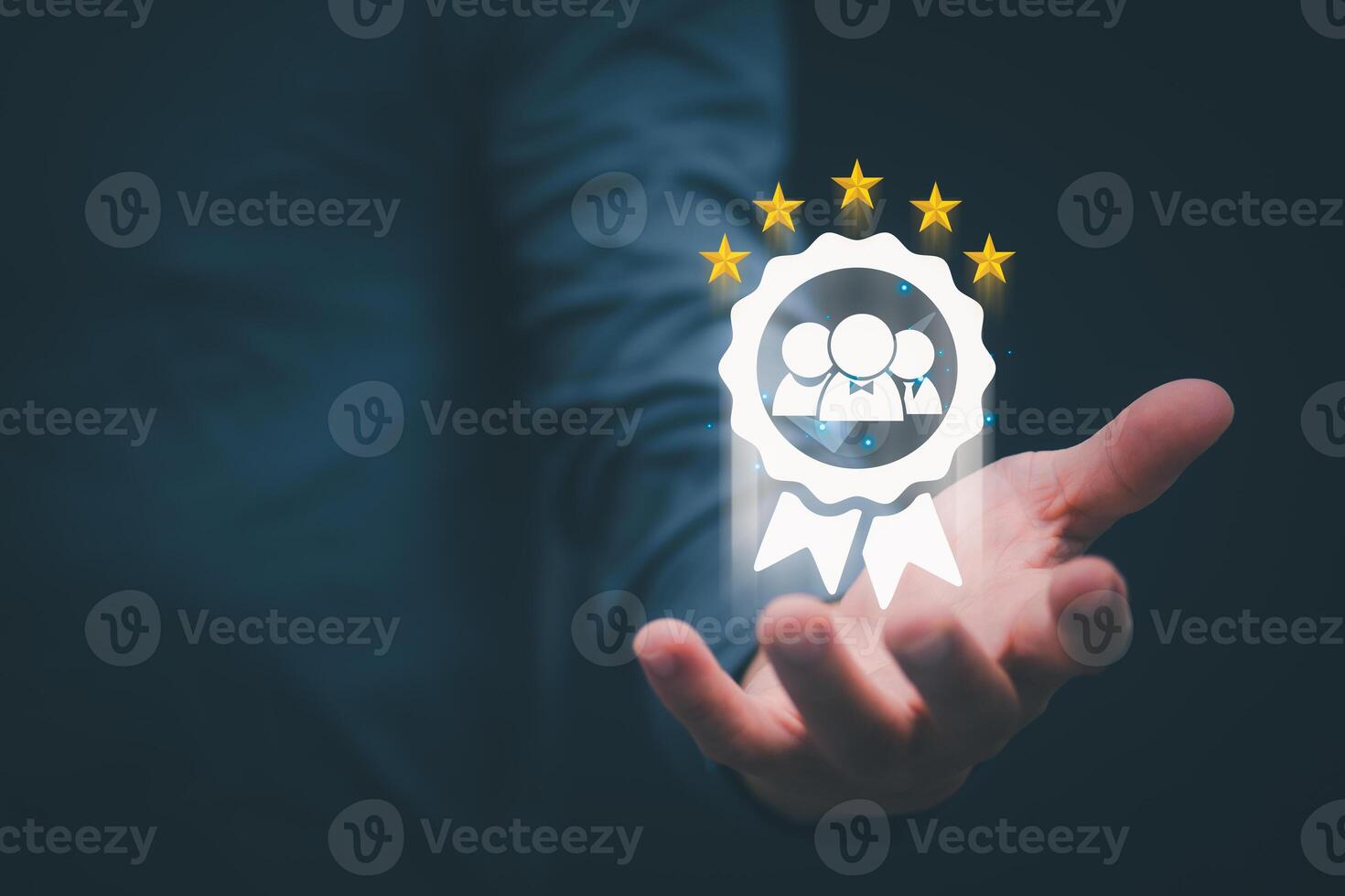 Male hand pointing at symbol of guarantee of quality of service Certification concept and standard quality control Standard warranty Documents certified on virtual screen photo