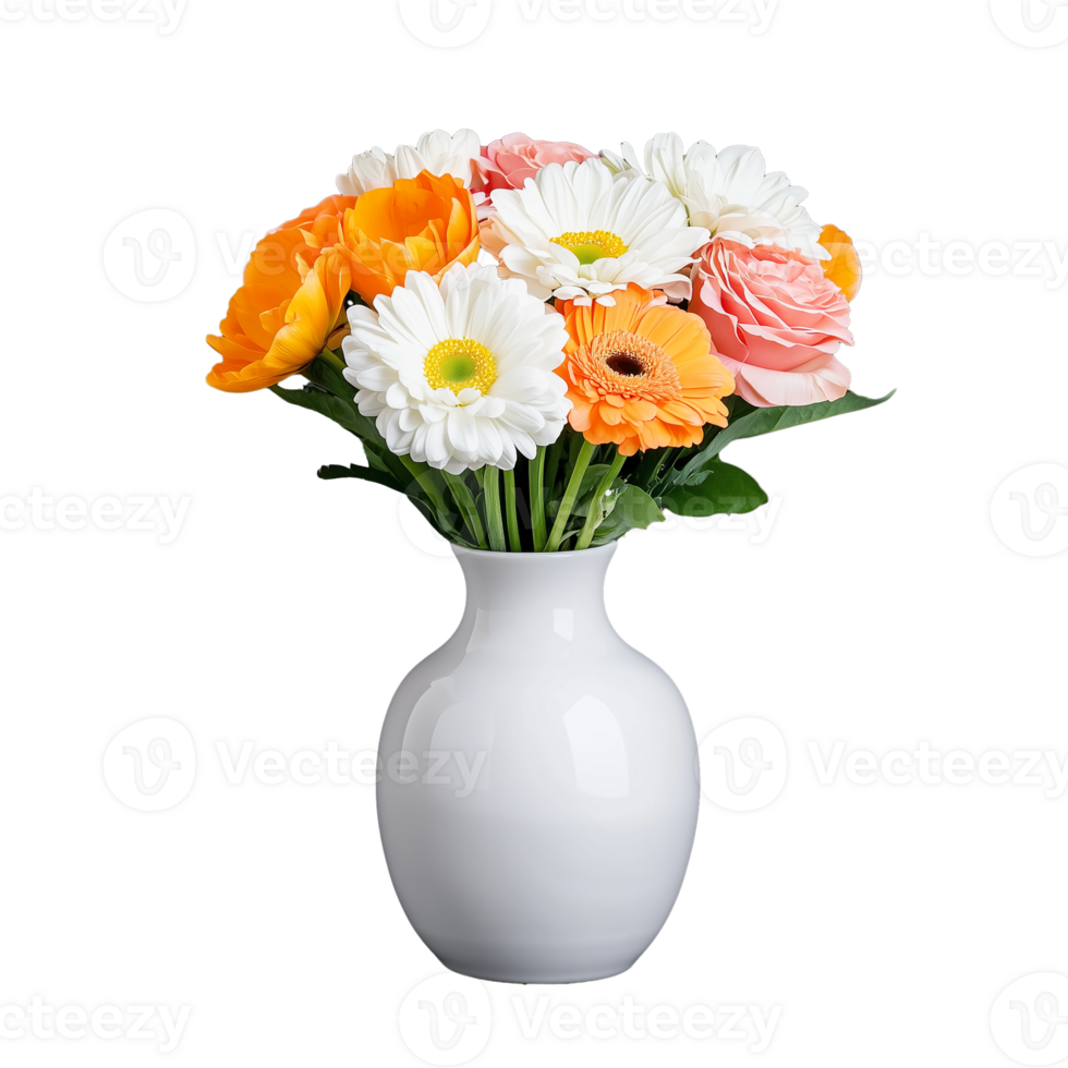 Colorful daisy bouquet in a white vase on transparent background png