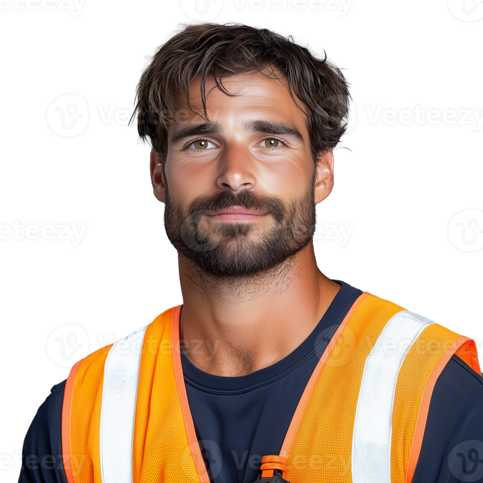 Confident construction worker wearing safety vest on transparent background png
