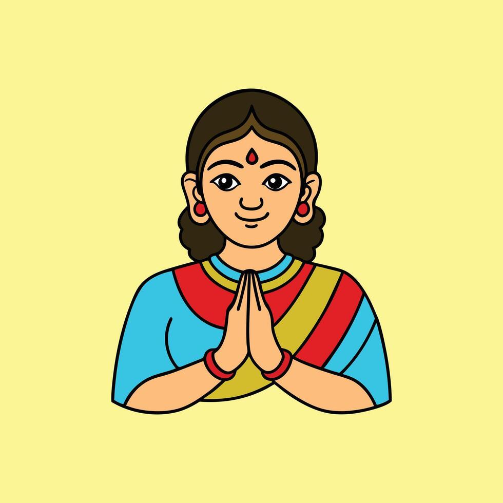 Hands Namaste Mudra Indian Woman wearing Sari and Greeting vector