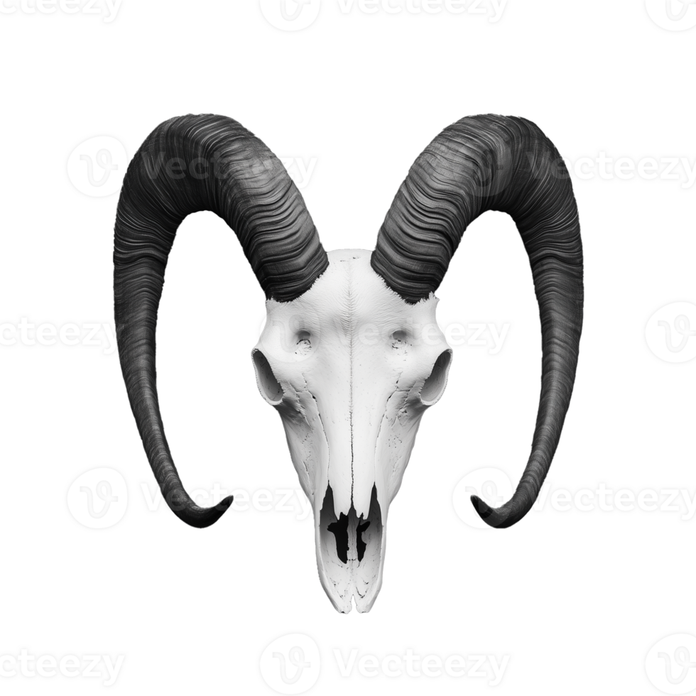 Detailed ram skull with large curved horns on transparent background png