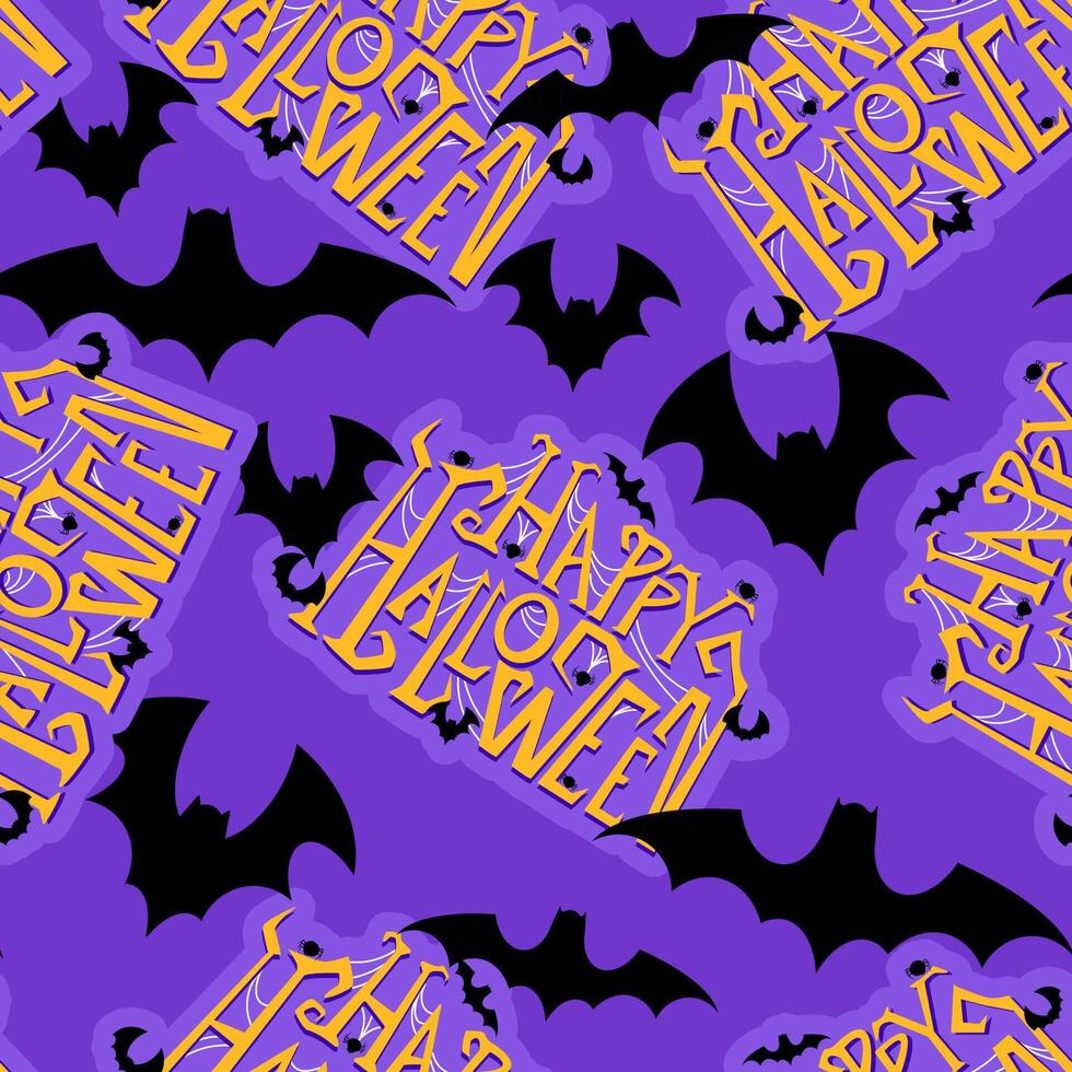 Purple seamless pattern with lettering Happy Halloween and black bat vector