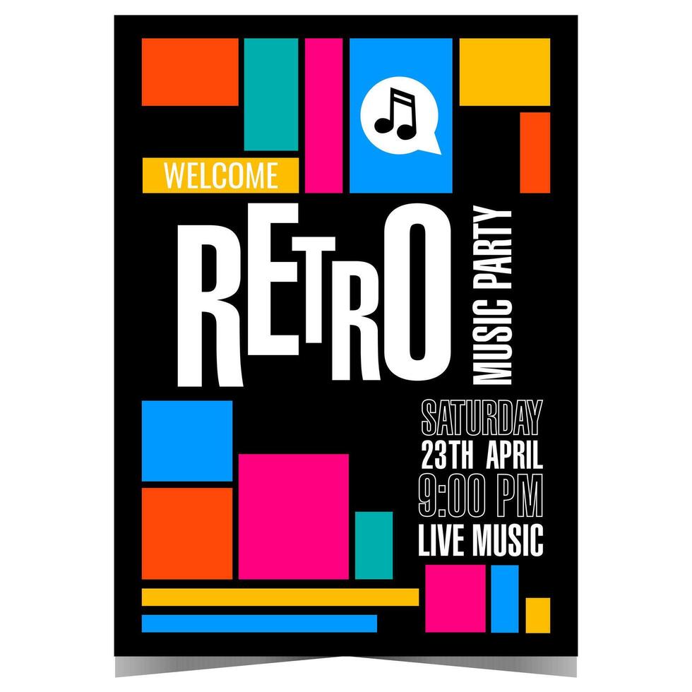 Retro music party poster or banner with colourful geometric shapes. invitation template for musical show, disco dance entertainment event with live DJ performance. vector