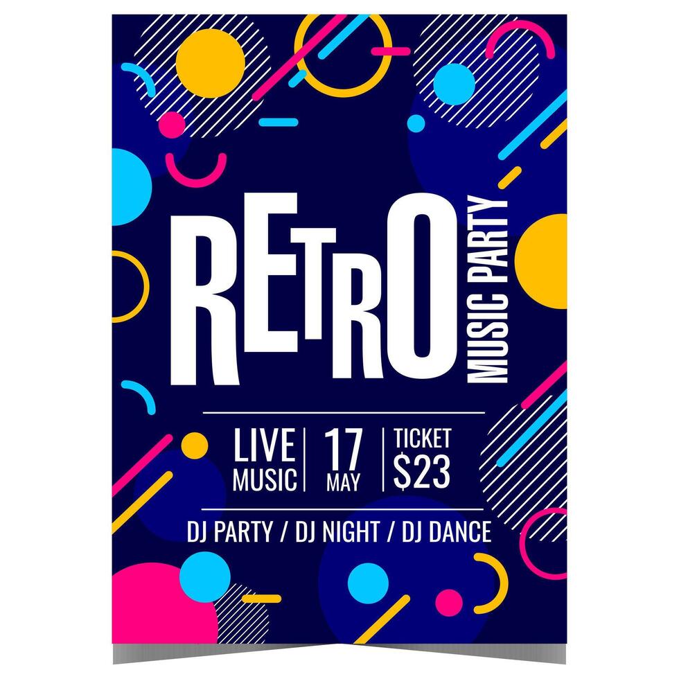 Retro music party invitation template with colourful abstract geometric elements. Vintage poster or banner for disco dance entertainment event or show in a night club. vector