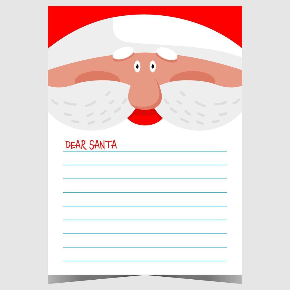 Christmas postcard for Santa or wish list blank template for filling by kids during winter holidays. Ready to print illustration with Santa Claus character and empty lines to complete. vector