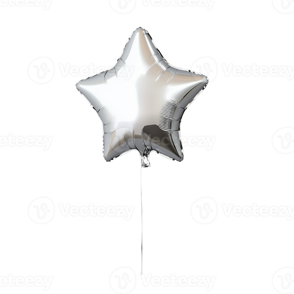 Silver star balloon with shiny metallic finish and string attachment png