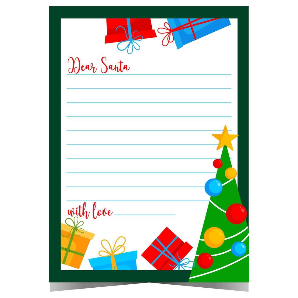 Christmas letter template with decorated Christmas tree and colourful gift boxes. Ready to print wish list with empty lines to fill out with greeting message and send to Santa Claus. vector