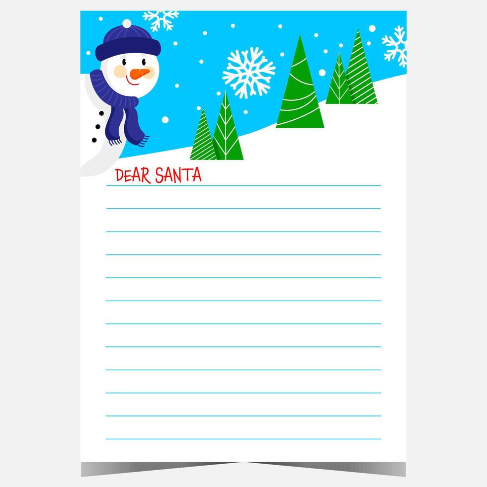 Christmas letter template with funny snowman character among fir trees and snowflakes. Ready to print blank wish list for children to fill out and send to Santa Claus during the holidays. vector
