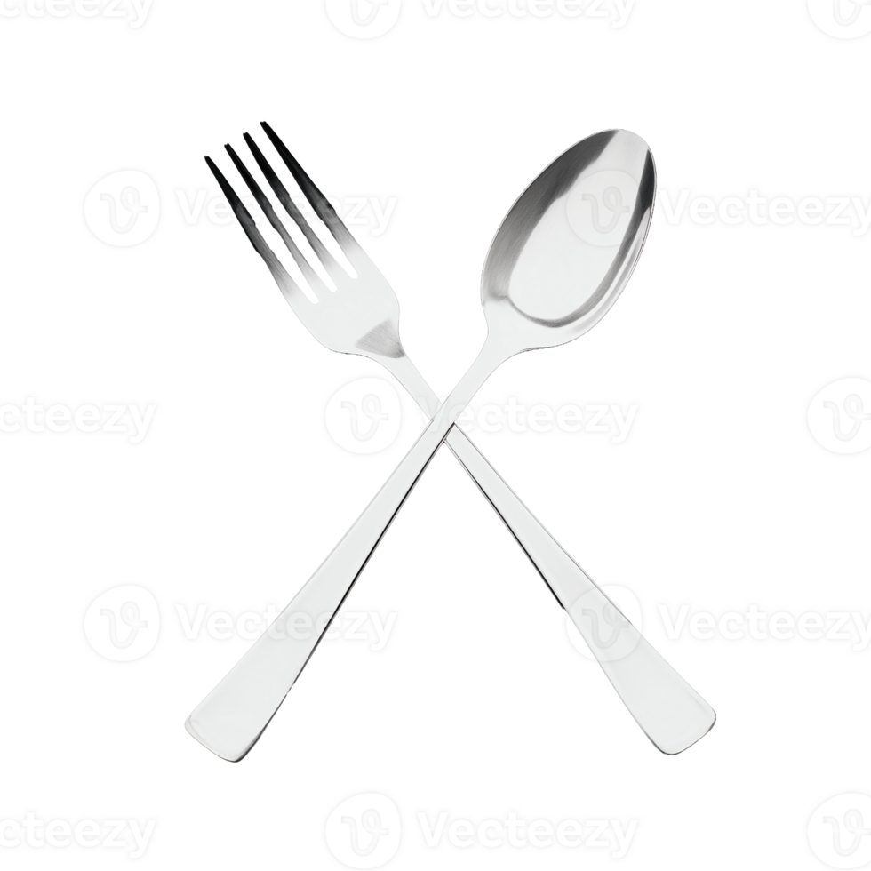 Stainless steel fork and spoon crossed on transparent background png