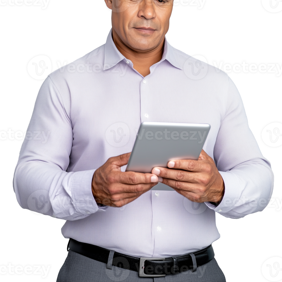 Mature businessman using a tablet device on a transparent background png