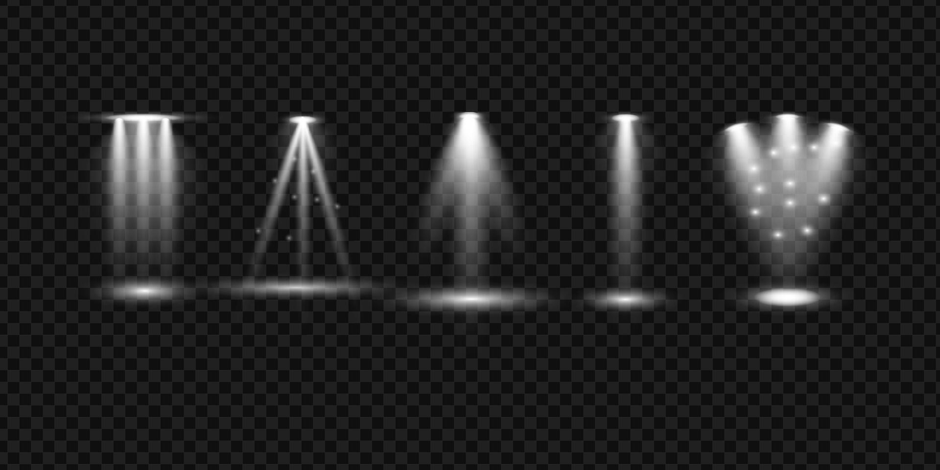 Set of the white spotlight shines on dark background. Floodlight. Christmas lights overlay. illustration vector
