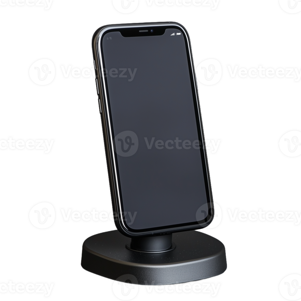 Modern smartphone on sleek charging stand with transparent background png