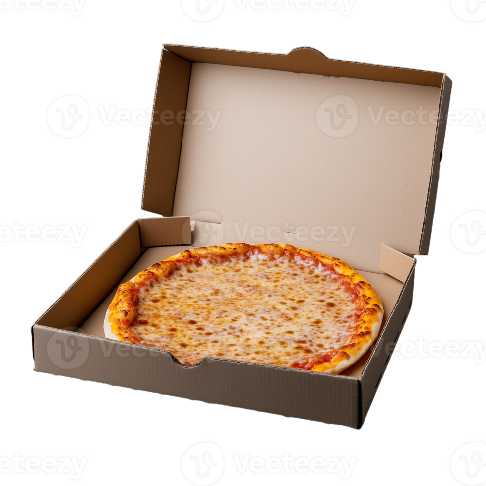 Delicious cheese pizza inside a cardboard delivery box on transparent background png
