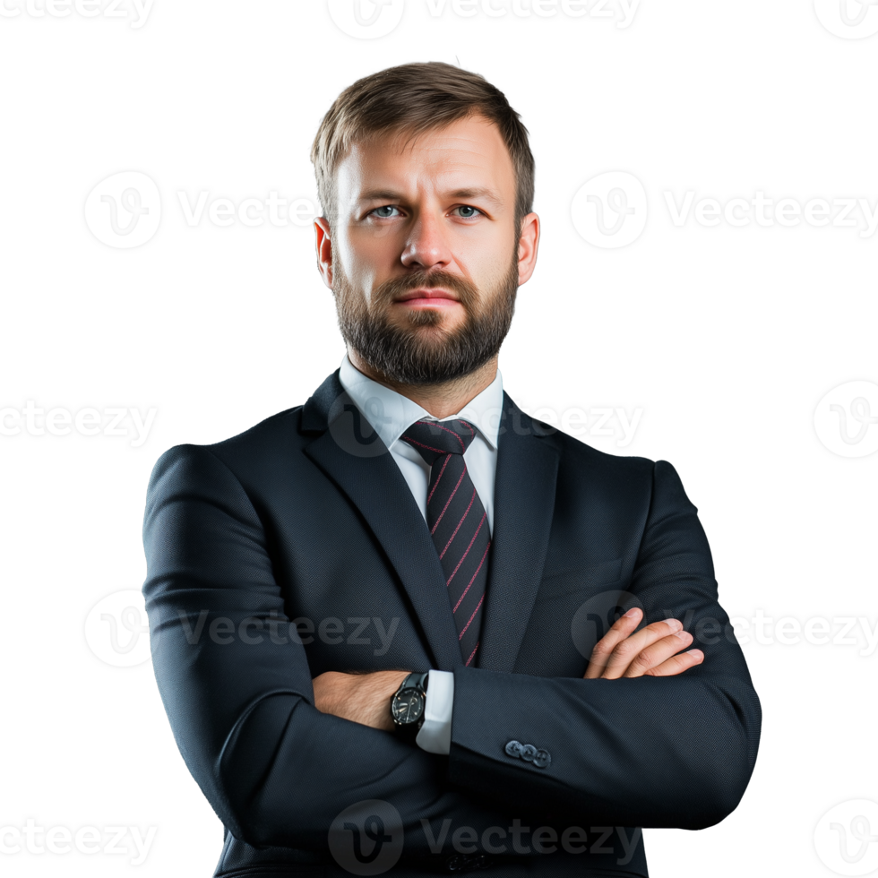 Confident businessman in formal suit with arms crossed png