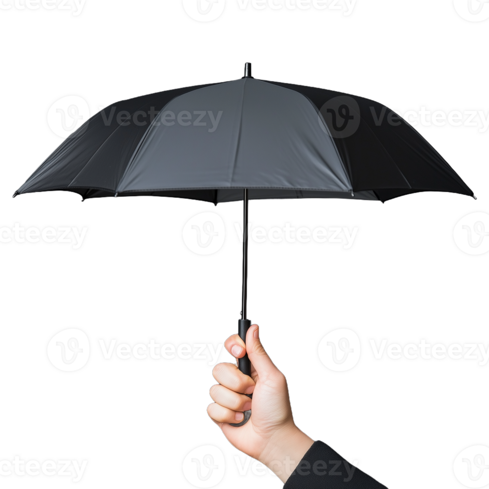 Hand holding open black umbrella on transparent background png