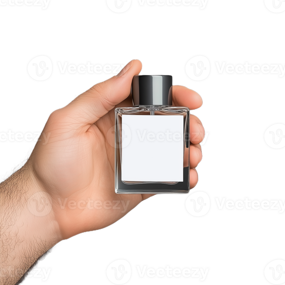Hand holding a perfume bottle with a blank label design png
