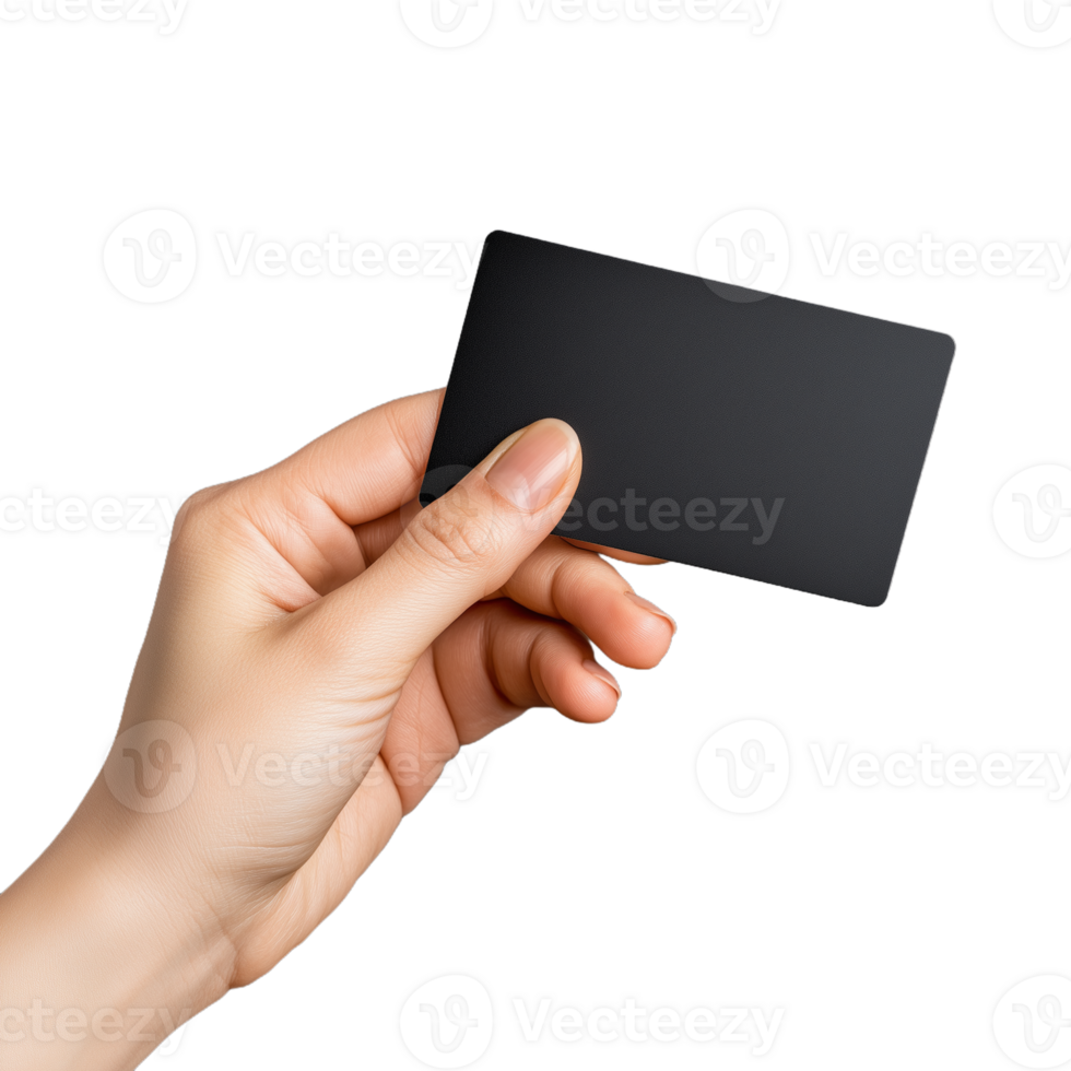 A hand holding a blank black card on a transparent background png